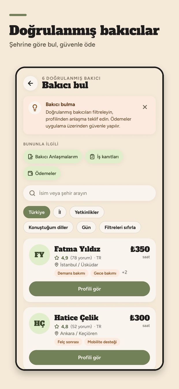 WellFamily bakıcı havuzu: doğrulanmış profiller ve puanlar