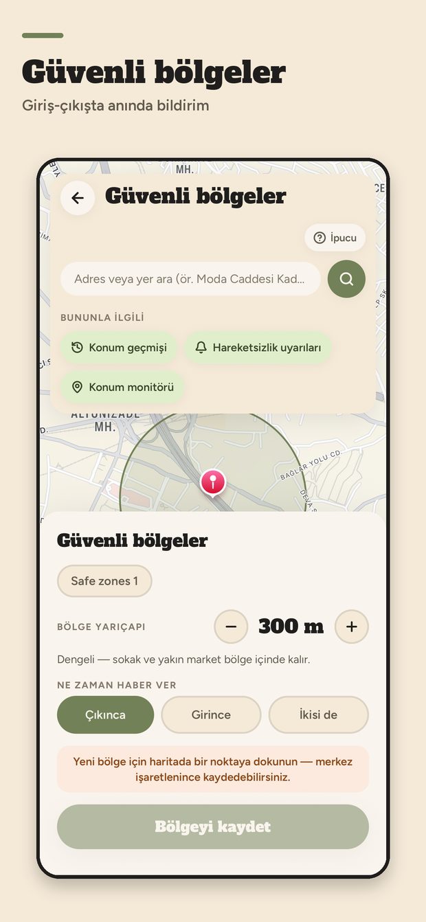 WellFamily güvenli bölge ekranı: harita üzerinde bölge tanımlama